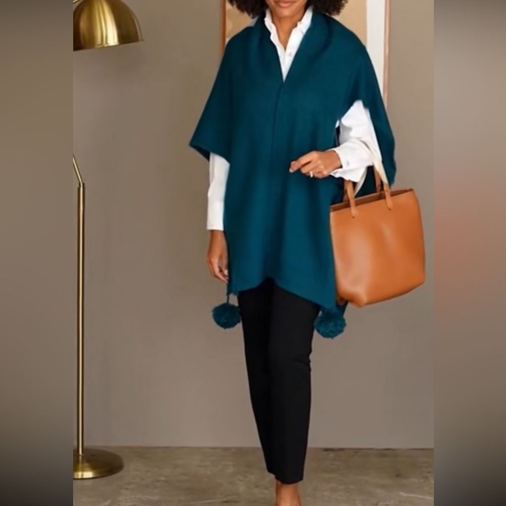 Ann Taylor Teal Sweater Poncho with Pom-Pom Accents